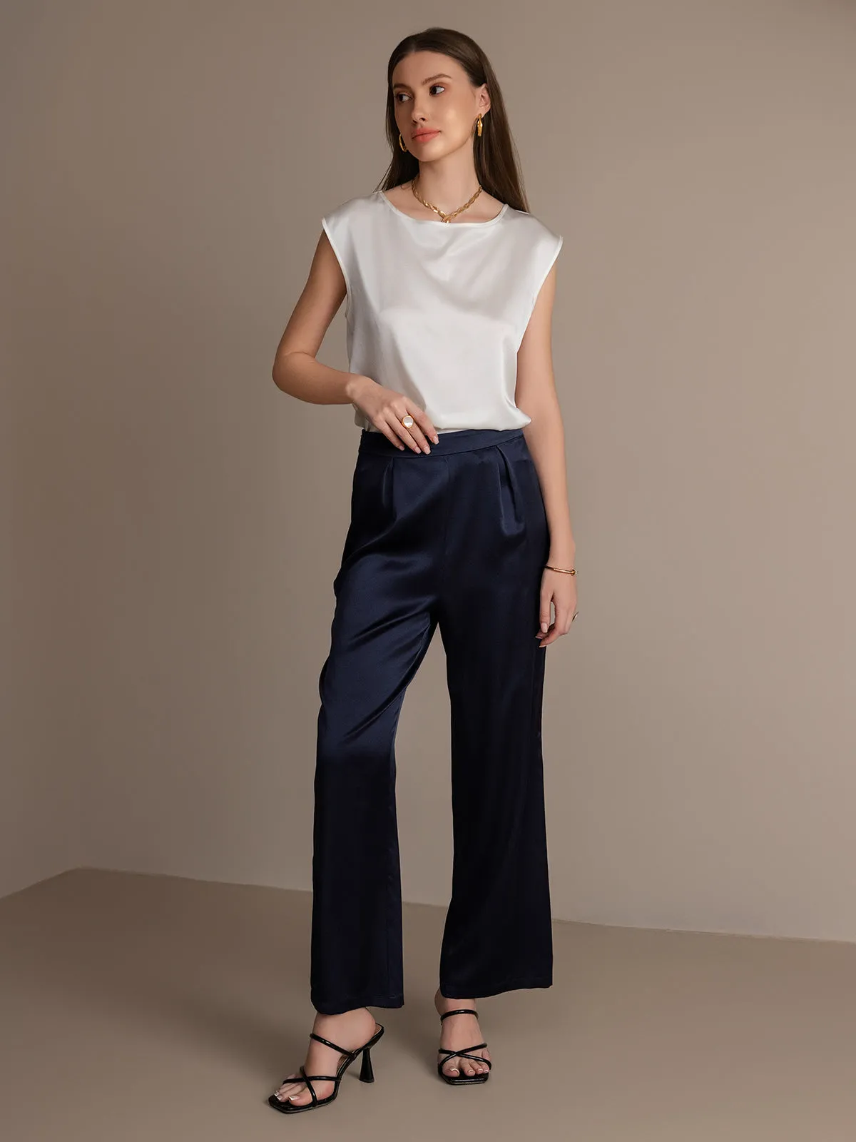 19Momme Silk Solid Color Casual Wide Leg Pants