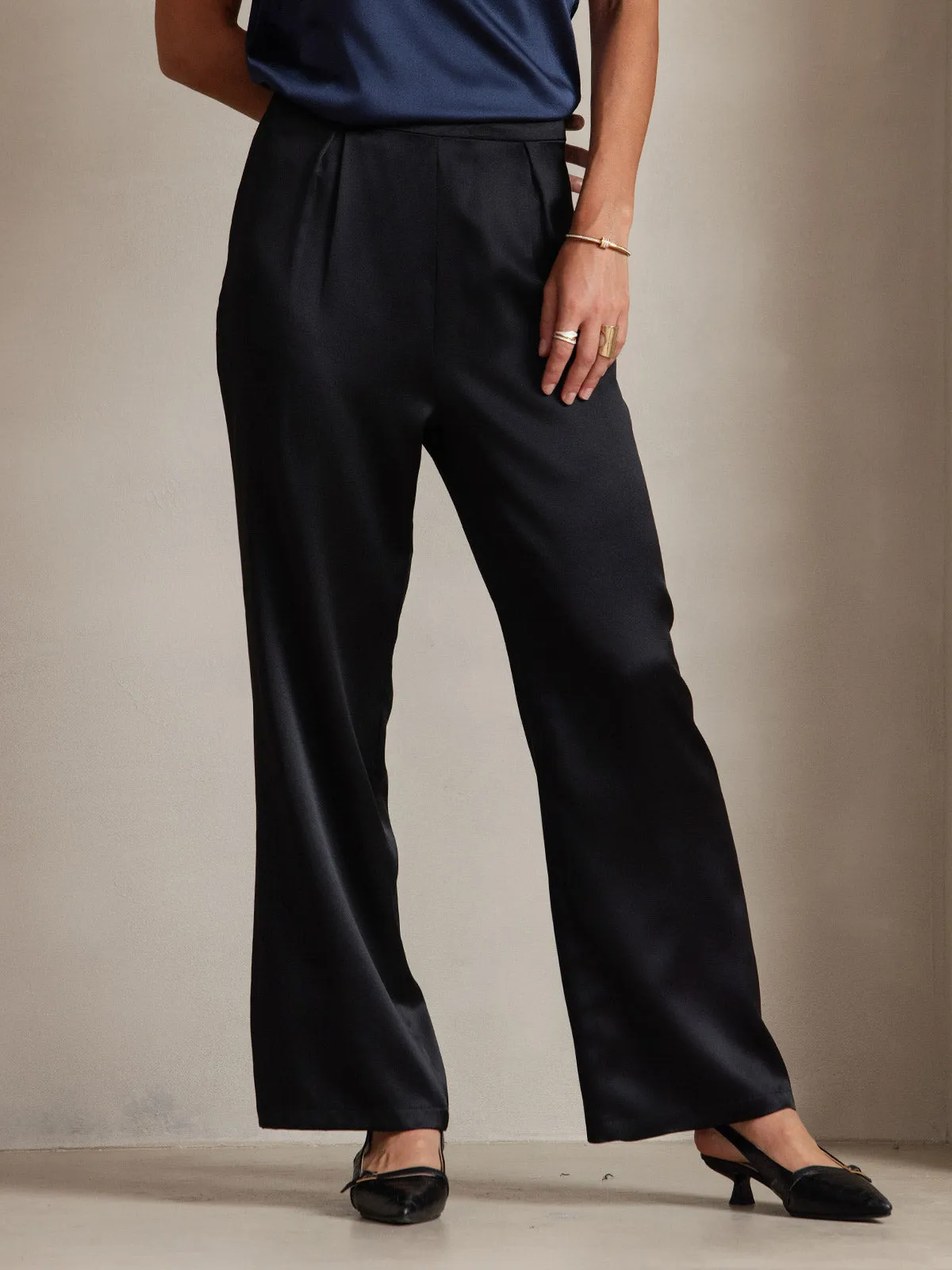 19Momme Silk Solid Color Casual Wide Leg Pants