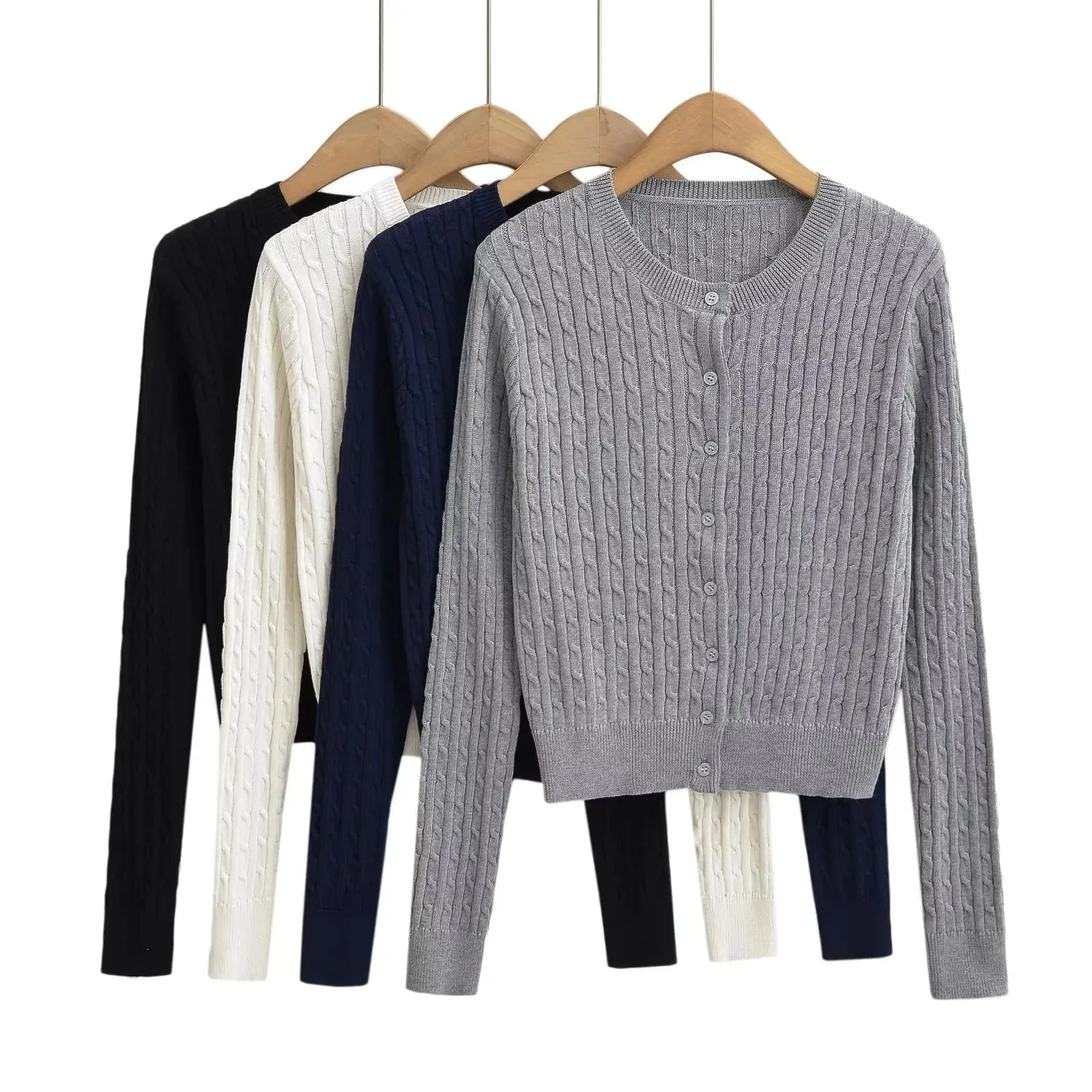 4 colors Women Cable Twist Knitted Cardigan Round Collar Center Buttons Sweater Full Sleeve Short Jumper Gray