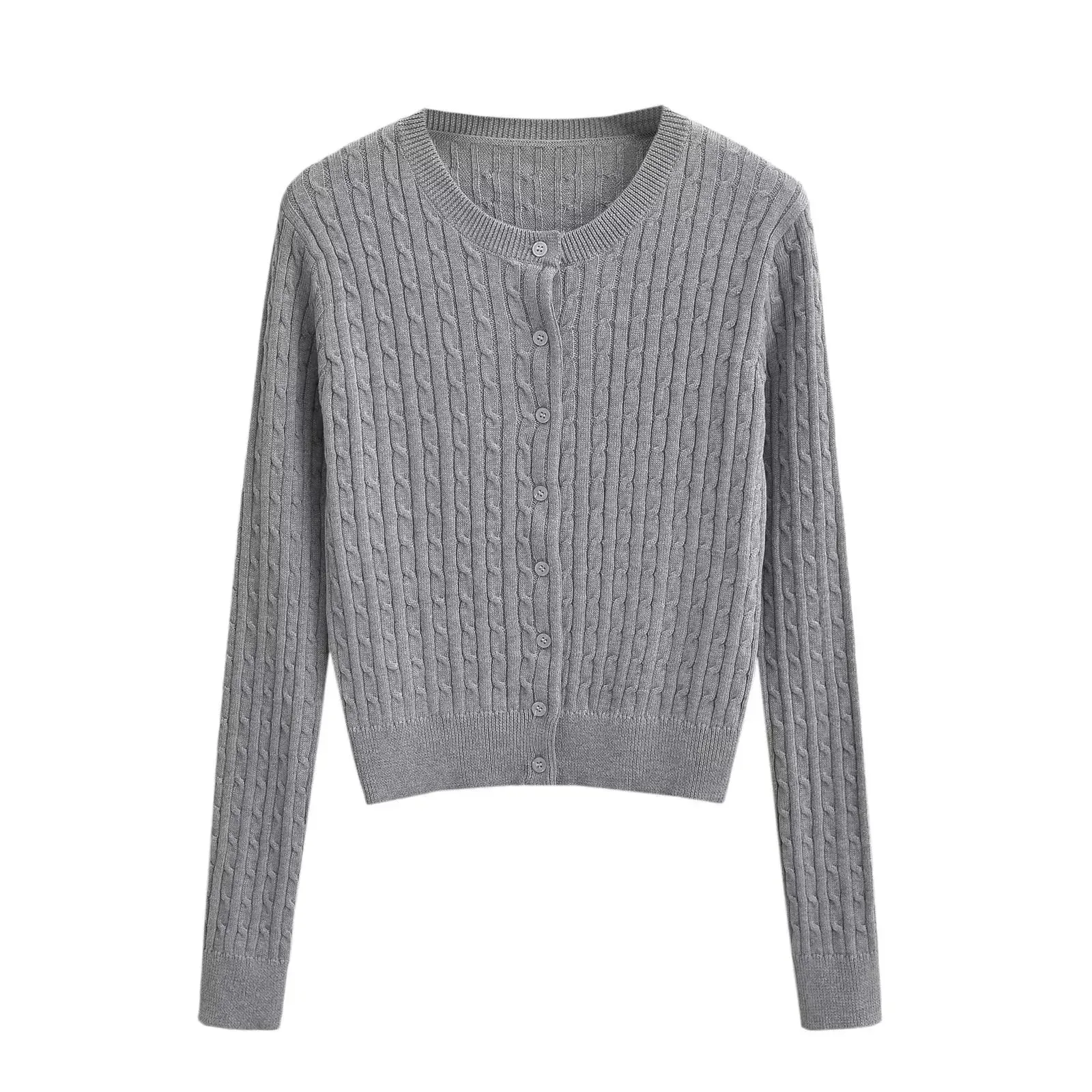 4 colors Women Cable Twist Knitted Cardigan Round Collar Center Buttons Sweater Full Sleeve Short Jumper Gray