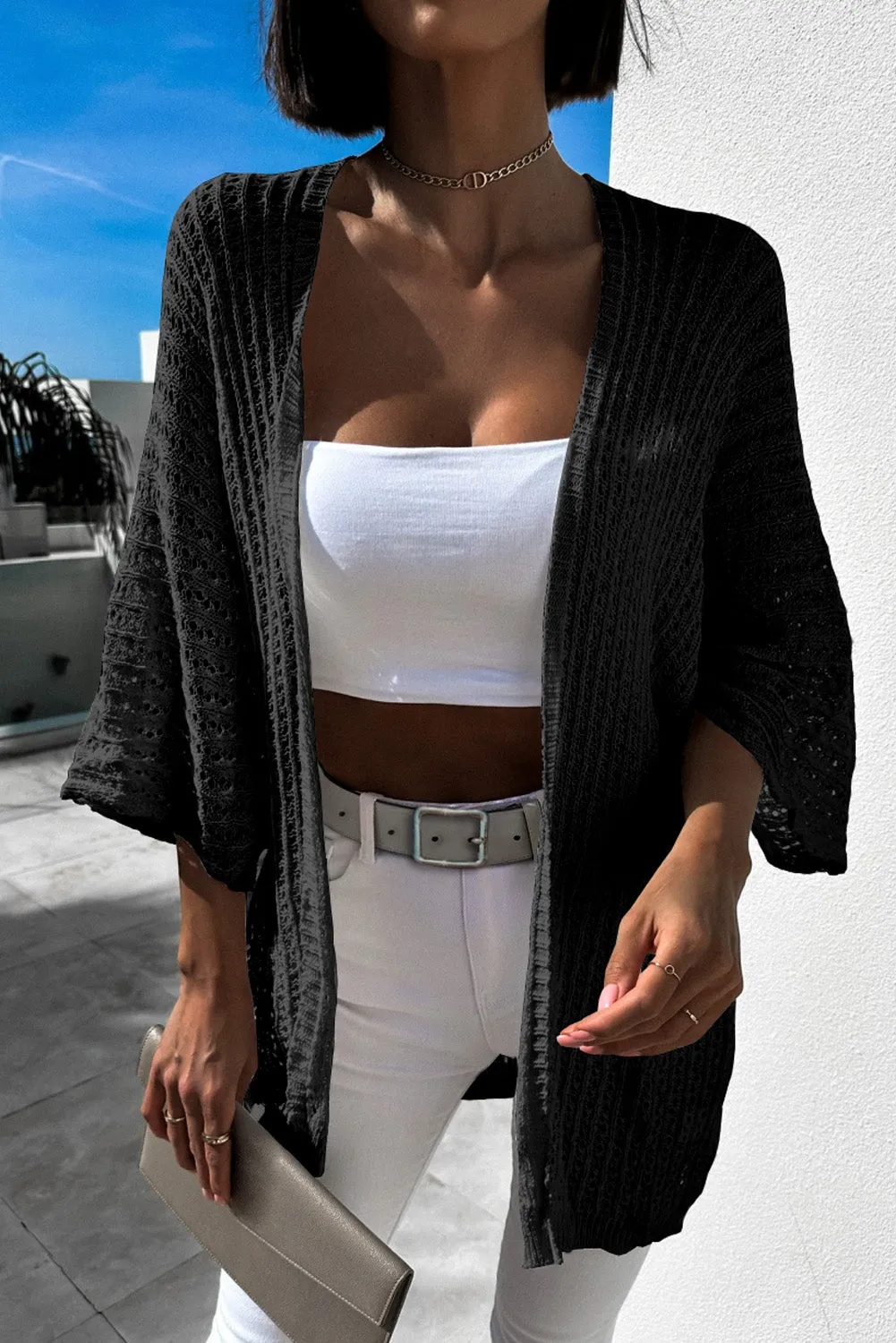 Black Hollow-out Knit Kimono Lightweight Cardigan