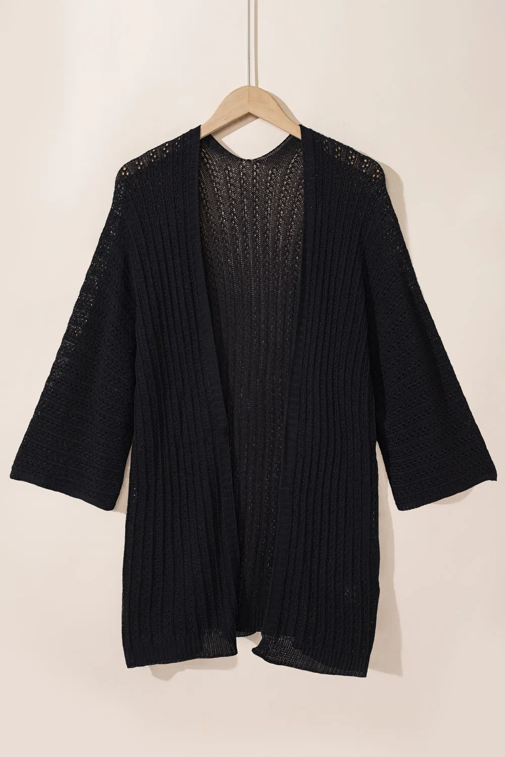 Black Hollow-out Knit Kimono Lightweight Cardigan