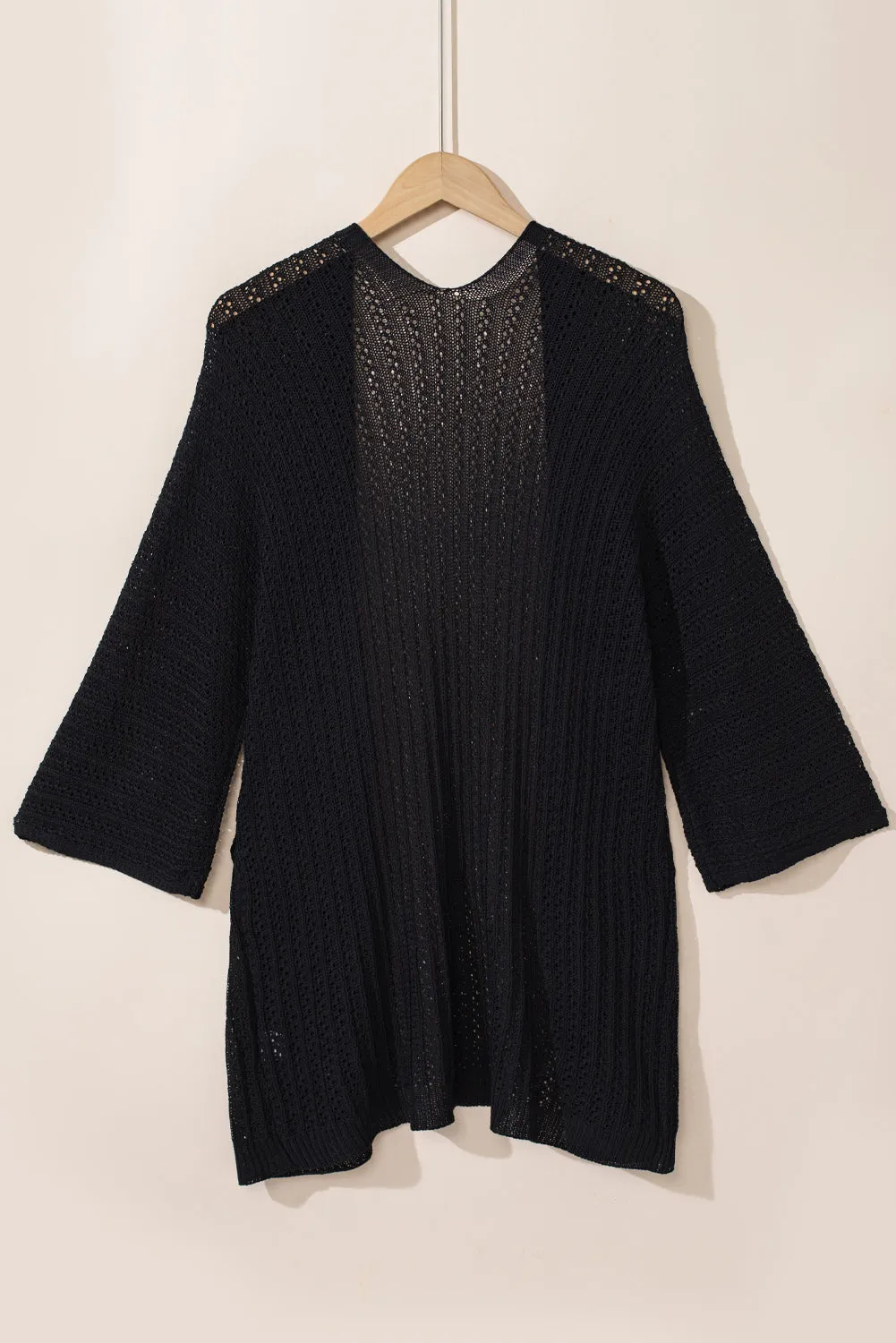 Black Hollow-out Knit Kimono Lightweight Cardigan