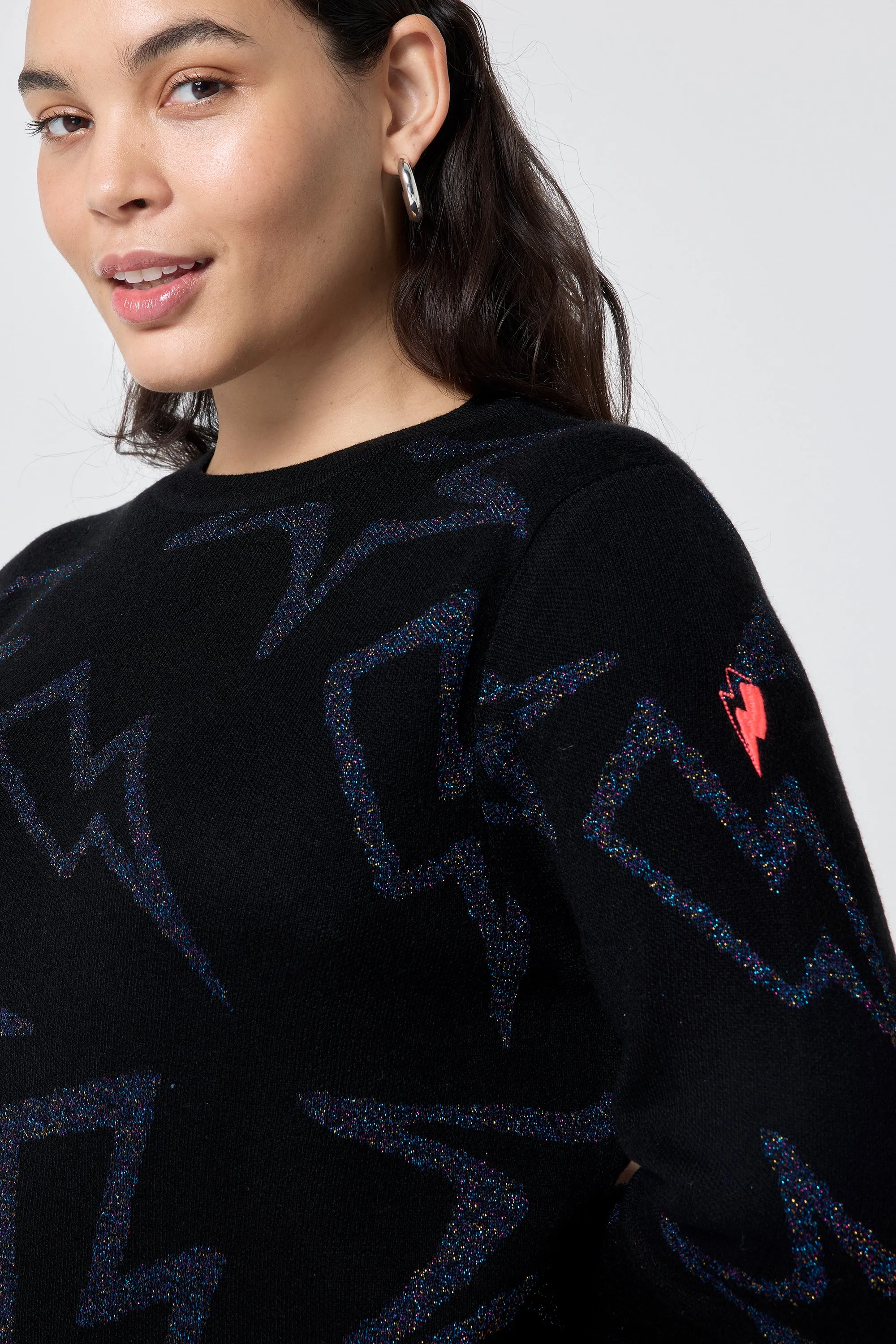 Black with Metallic Rainbow Star and Lightning Bolt Lurex Knit Jumper