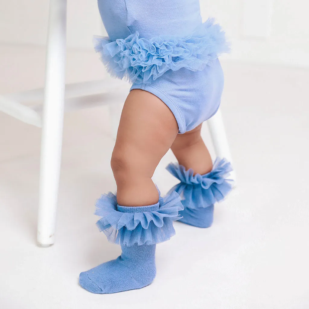 Blue Dew Tulle Ruffle Knee High Socks