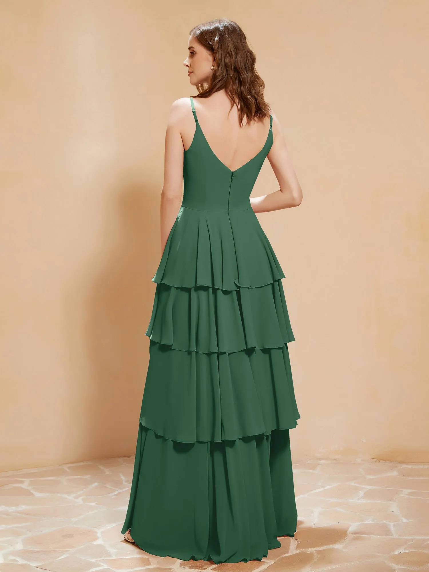 Boho V-neck Floor-length Dress Flowy Ruffles Dark Green