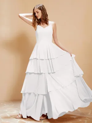 Boho V-neck Floor-length Dress Flowy Ruffles Ivory Plus Size