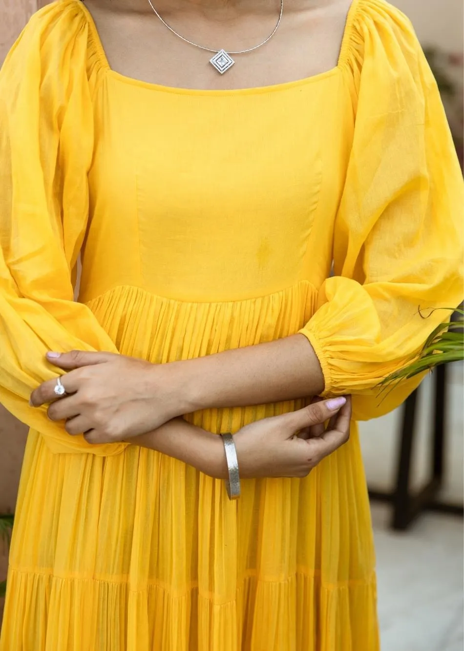 Butterscotch Yellow Solid Mulmul Tiered Midi Dress