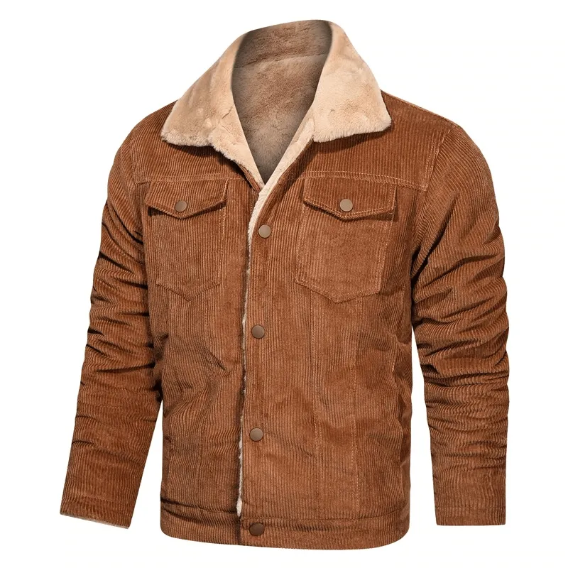 CLEARANCE / Stylish Warm Corduroy Jacket for Men / Turn-down Collar Male Fur Jacket with Buttons