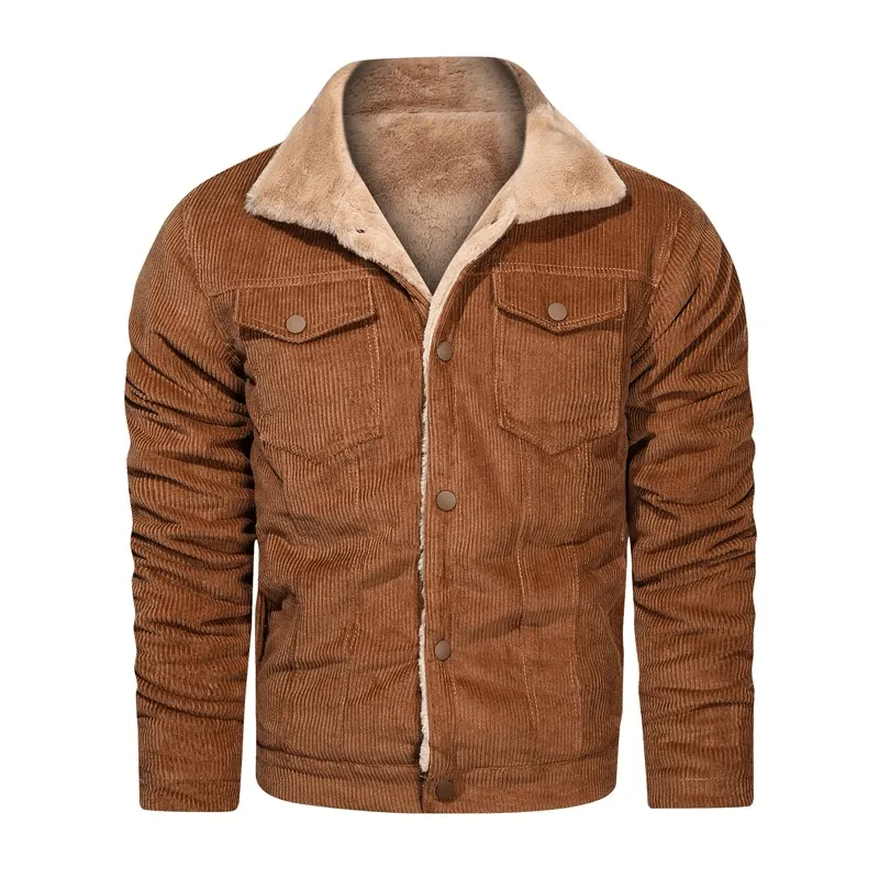 CLEARANCE / Stylish Warm Corduroy Jacket for Men / Turn-down Collar Male Fur Jacket with Buttons