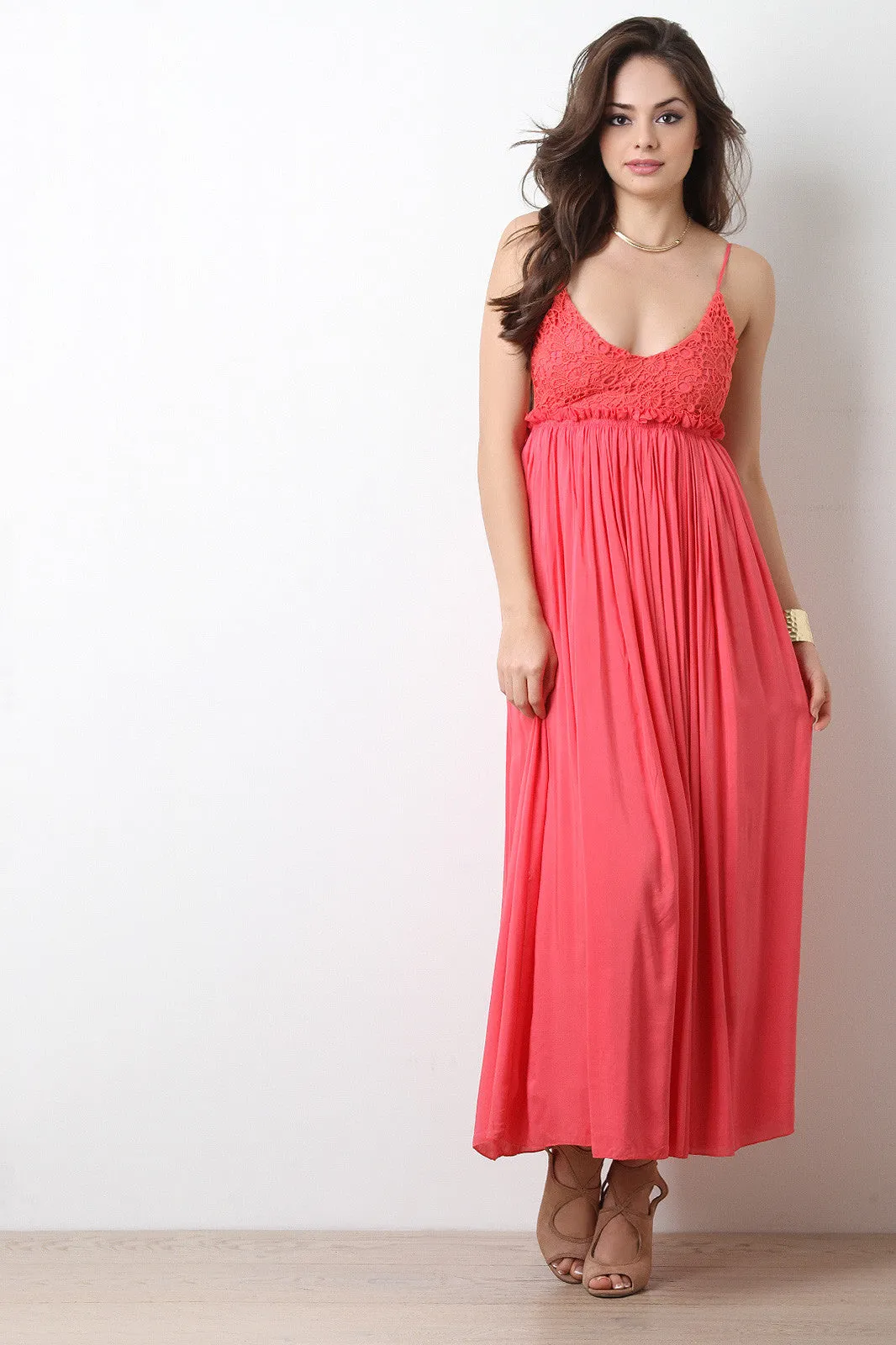 Crochet Lace Ruffled Maxi Dress