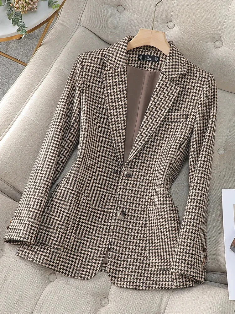 Fashionkova Christmas Gift Outfit  Gray Pink Coffee Plaid Women Blazer Ladies Long Sleeve Female Slim Casual Jacket For Autumn Winter