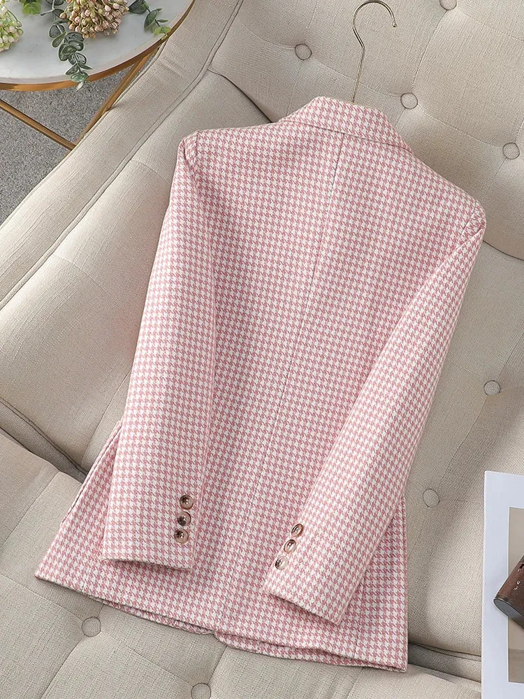 Fashionkova Christmas Gift Outfit  Gray Pink Coffee Plaid Women Blazer Ladies Long Sleeve Female Slim Casual Jacket For Autumn Winter