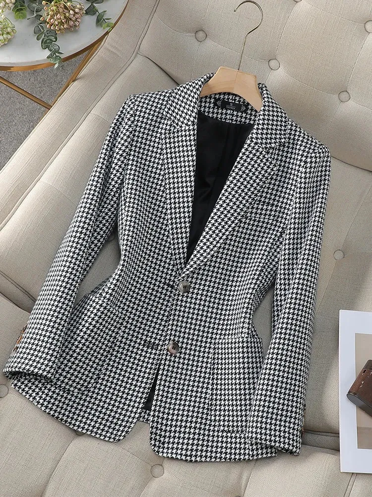 Fashionkova Christmas Gift Outfit  Gray Pink Coffee Plaid Women Blazer Ladies Long Sleeve Female Slim Casual Jacket For Autumn Winter