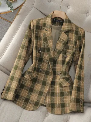 Fashionkova Christmas Gift Outfit  Green Coffee Plaid Women Blazer Ladies Long Sleeve Female Slim Casual Jacket For Autumn Winter