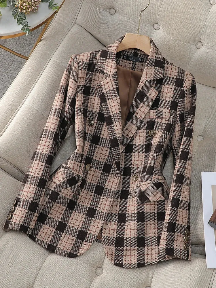 Fashionkova Christmas Gift Outfit  Green Coffee Plaid Women Blazer Ladies Long Sleeve Female Slim Casual Jacket For Autumn Winter