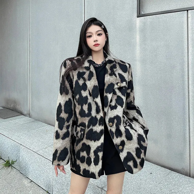 Fashionkova Leopard Print Coat Women Autumn Winter Korean Style Niche Design Loose Suit Jacket Casual Vintage Temperament Blazer