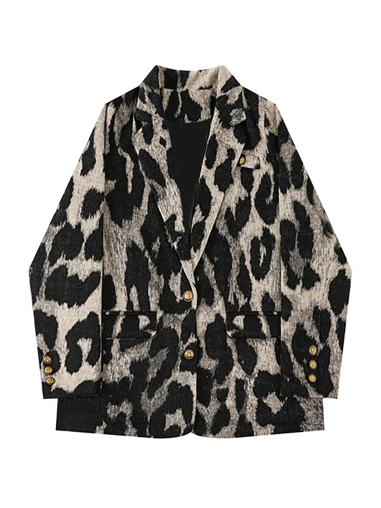 Fashionkova Leopard Print Coat Women Autumn Winter Korean Style Niche Design Loose Suit Jacket Casual Vintage Temperament Blazer