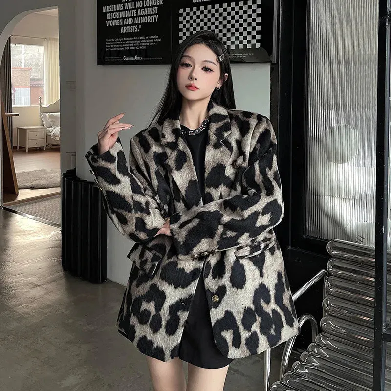 Fashionkova Leopard Print Coat Women Autumn Winter Korean Style Niche Design Loose Suit Jacket Casual Vintage Temperament Blazer