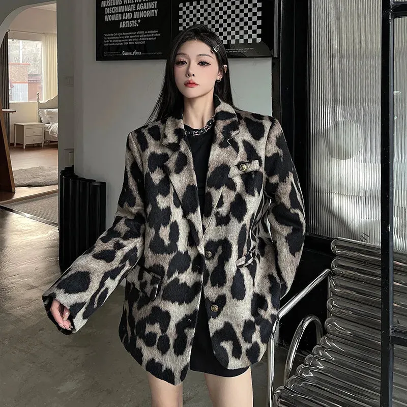 Fashionkova Leopard Print Coat Women Autumn Winter Korean Style Niche Design Loose Suit Jacket Casual Vintage Temperament Blazer