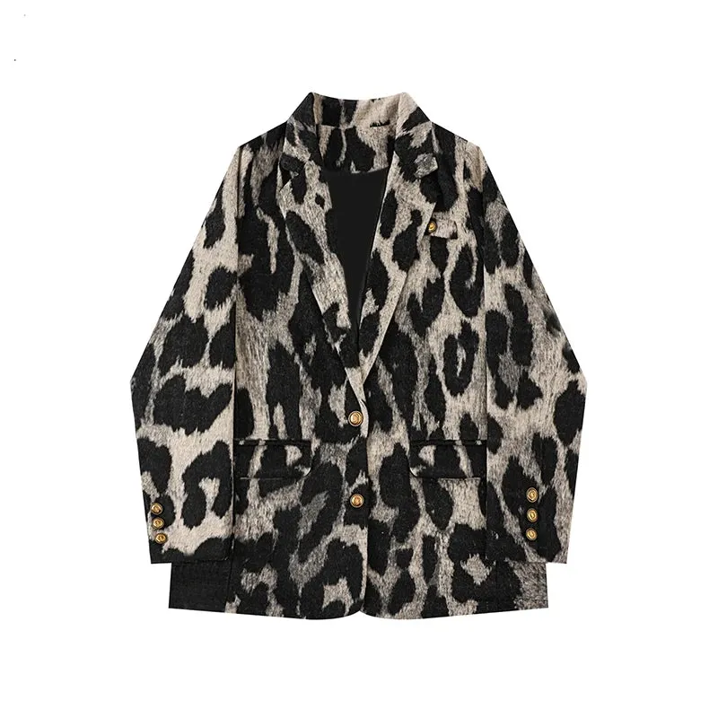 Fashionkova Leopard Print Coat Women Autumn Winter Korean Style Niche Design Loose Suit Jacket Casual Vintage Temperament Blazer