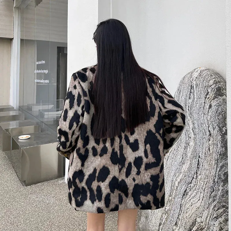 Fashionkova Leopard Print Coat Women Autumn Winter Korean Style Niche Design Loose Suit Jacket Casual Vintage Temperament Blazer