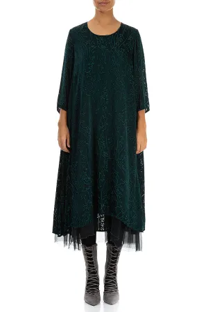 Flowy Hem Emerald Devoré Feather Silk Dress