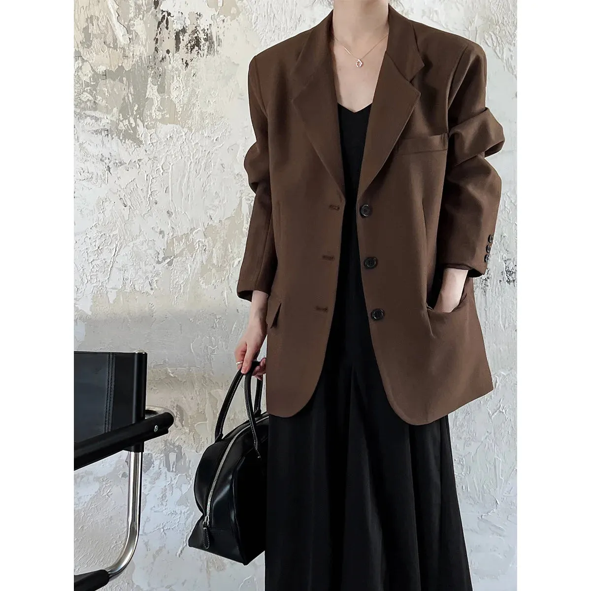 Flytonn-Fall Outfits Women Korean Brown Oversized Blazer Long Sleeved Jacket for Women 2024 Autumn High-end Coat