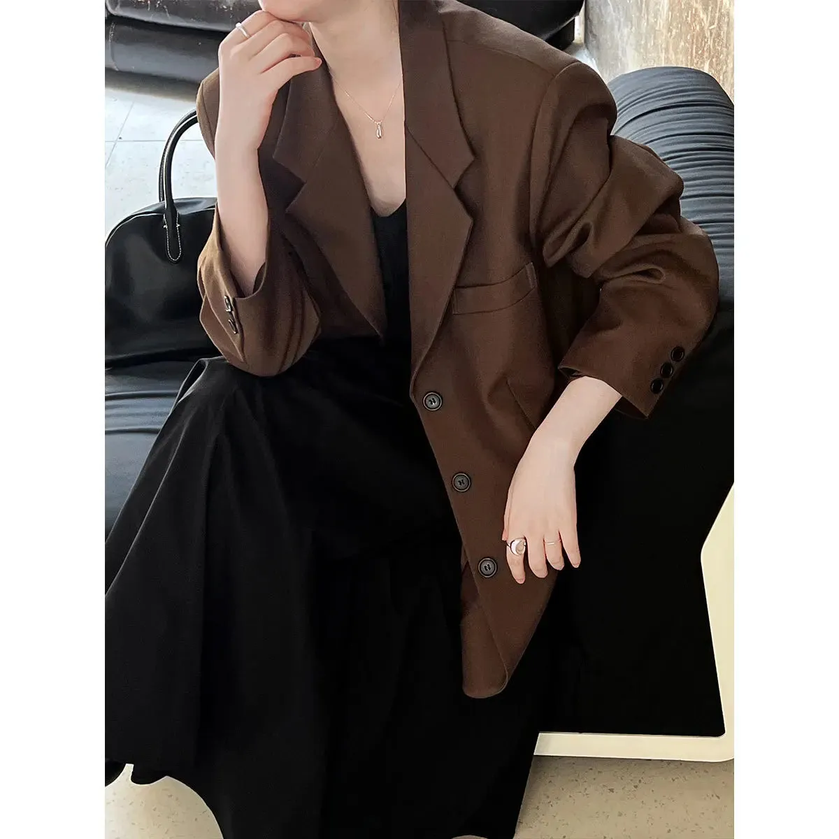 Flytonn-Fall Outfits Women Korean Brown Oversized Blazer Long Sleeved Jacket for Women 2024 Autumn High-end Coat