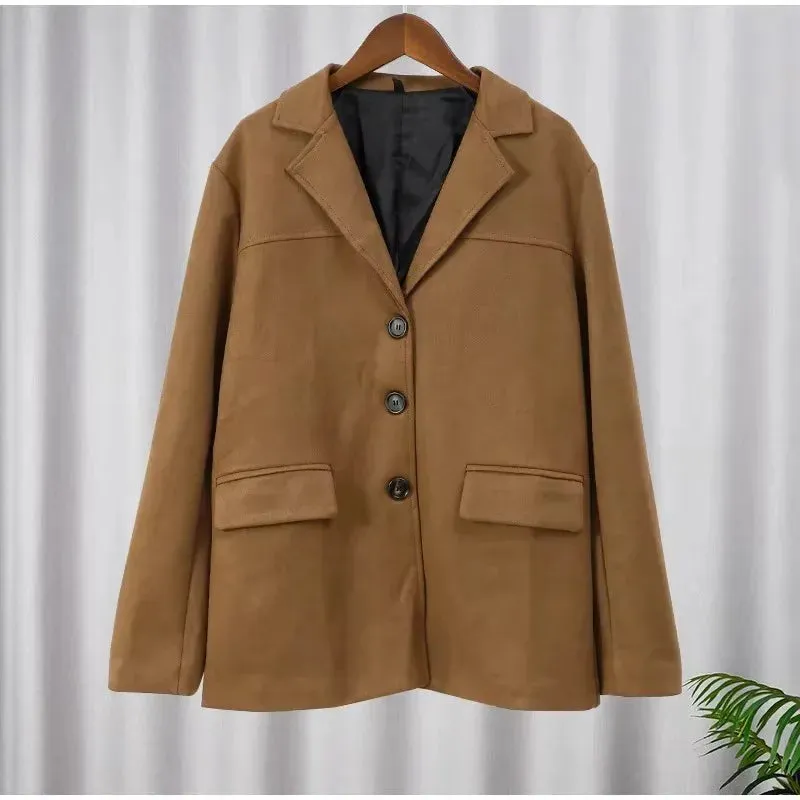 Flytonn-Fall Outfits Women Talenza Women's Retro Blazer Autumn Brown Long Sleeve Button Jacket Fashion Loose Lapel Pocket Short Jacket High Street Blazer