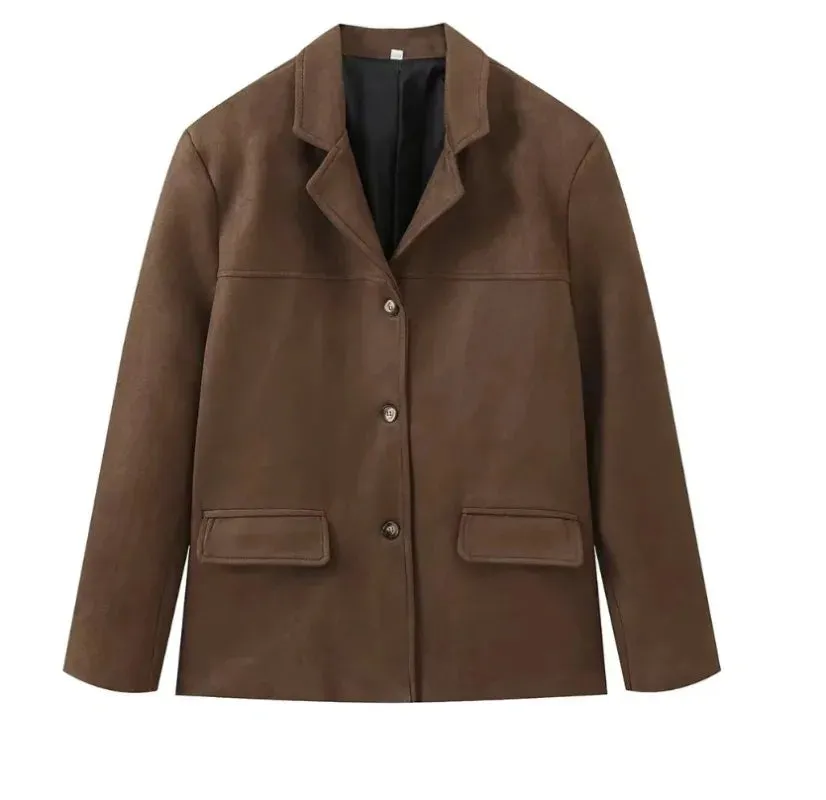 Flytonn-Fall Outfits Women Talenza Women's Retro Blazer Autumn Brown Long Sleeve Button Jacket Fashion Loose Lapel Pocket Short Jacket High Street Blazer