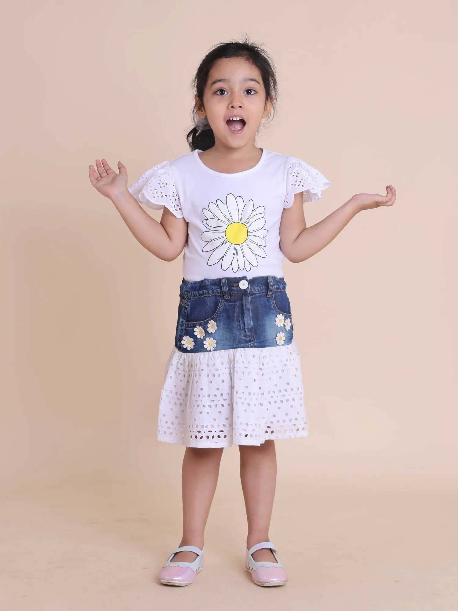 Girls denim schiffli skirt