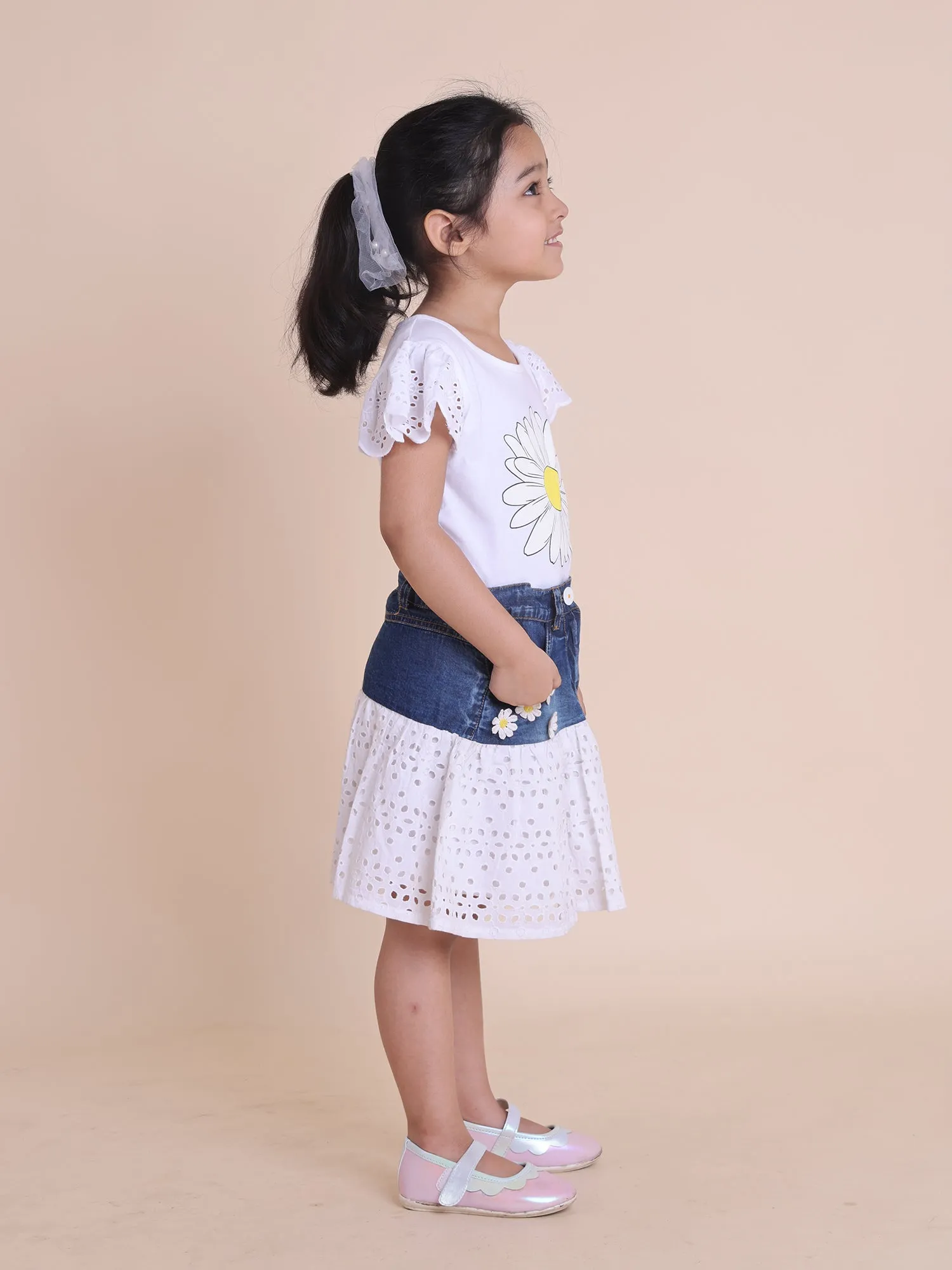 Girls denim schiffli skirt