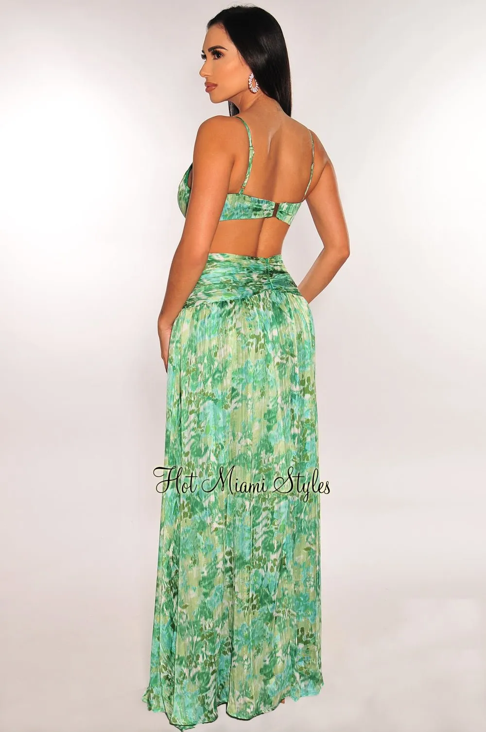 Green Watercolor Padded Cut Out Ruched Spaghetti Strap Maxi Dress