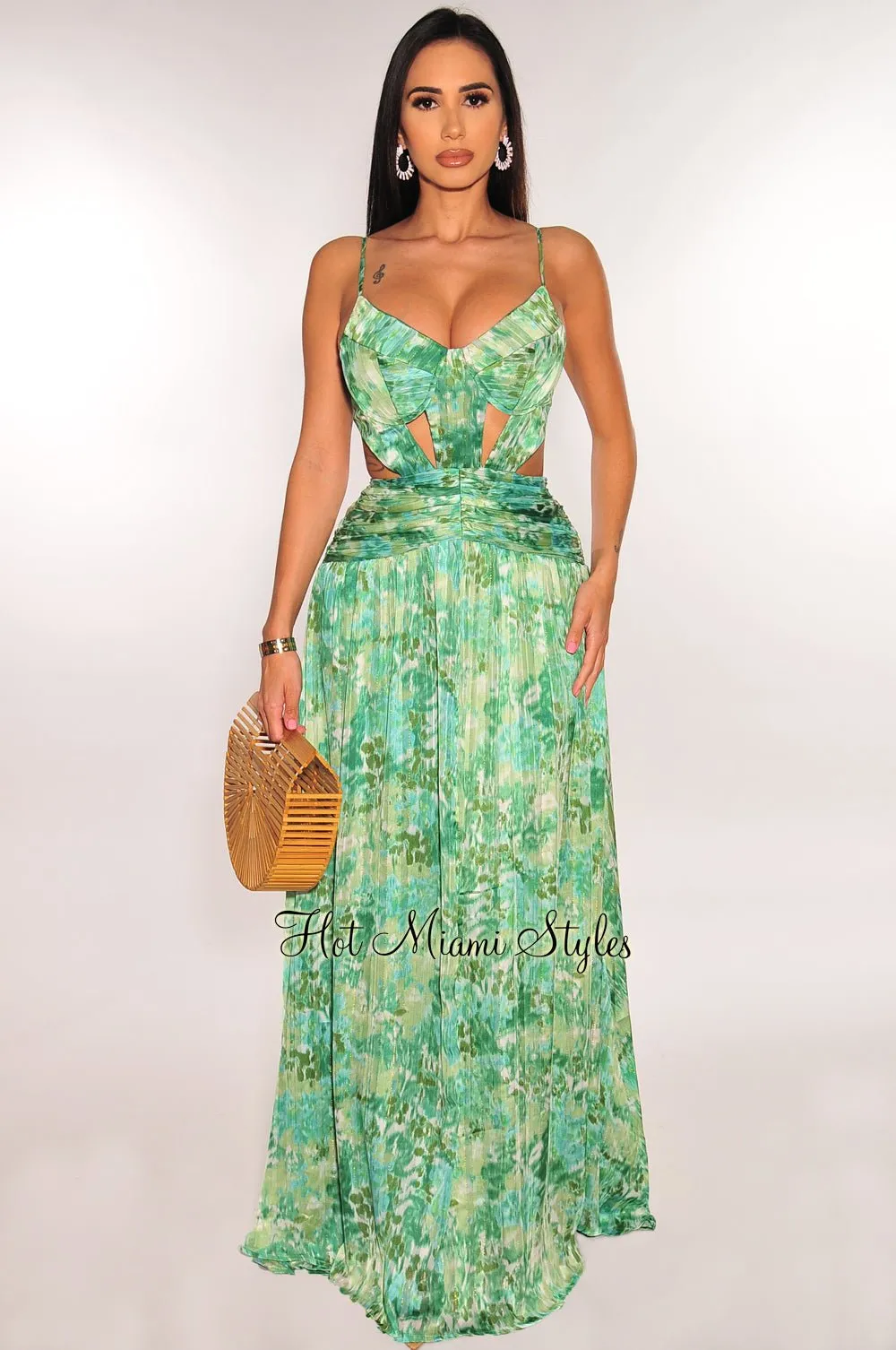 Green Watercolor Padded Cut Out Ruched Spaghetti Strap Maxi Dress