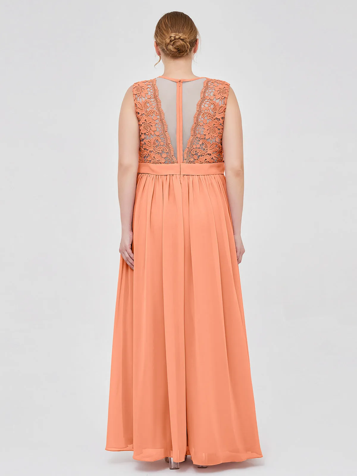 Illusion Neck Chiffon and Lace Dresses Papaya