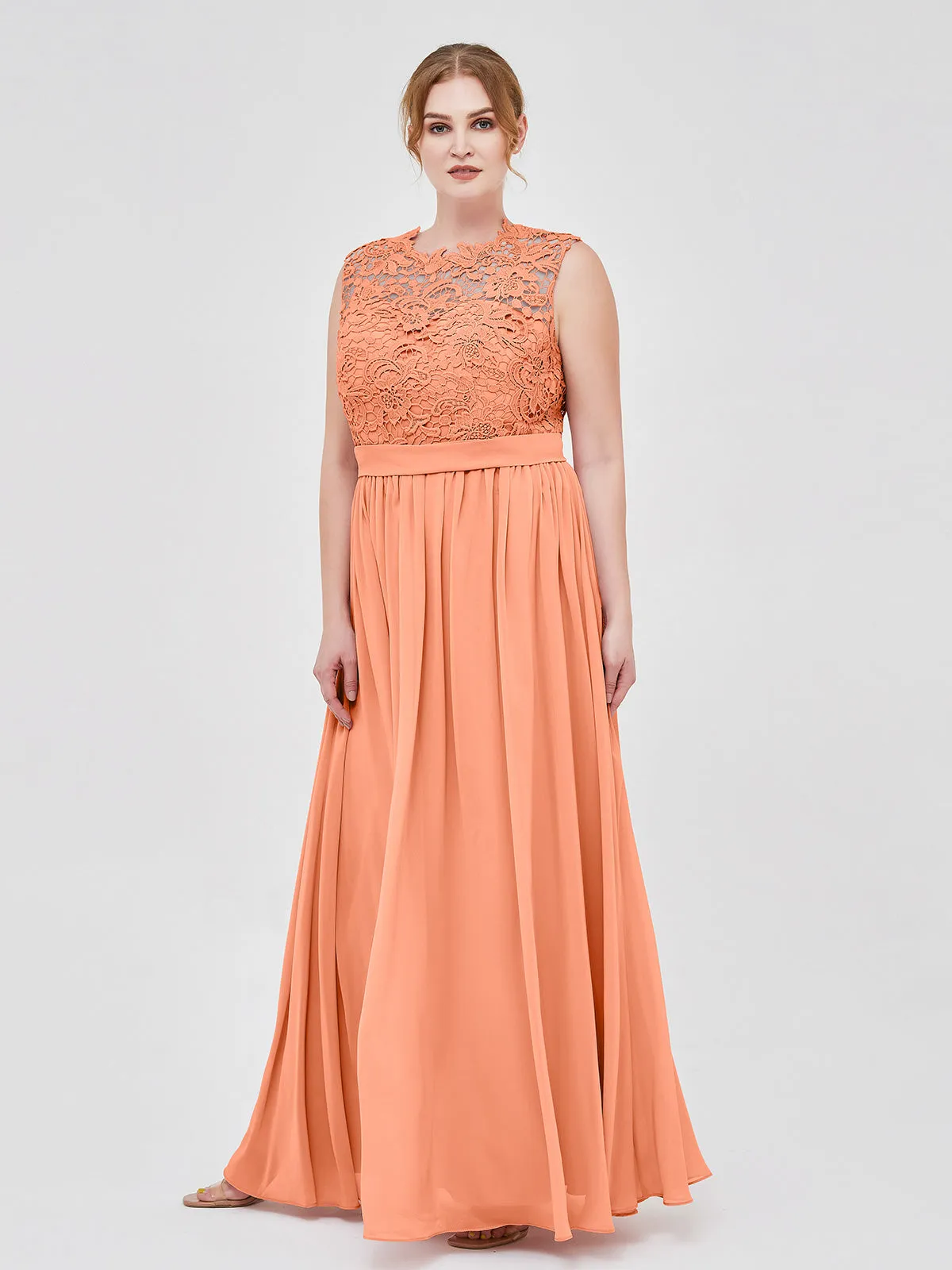 Illusion Neck Chiffon and Lace Dresses Papaya