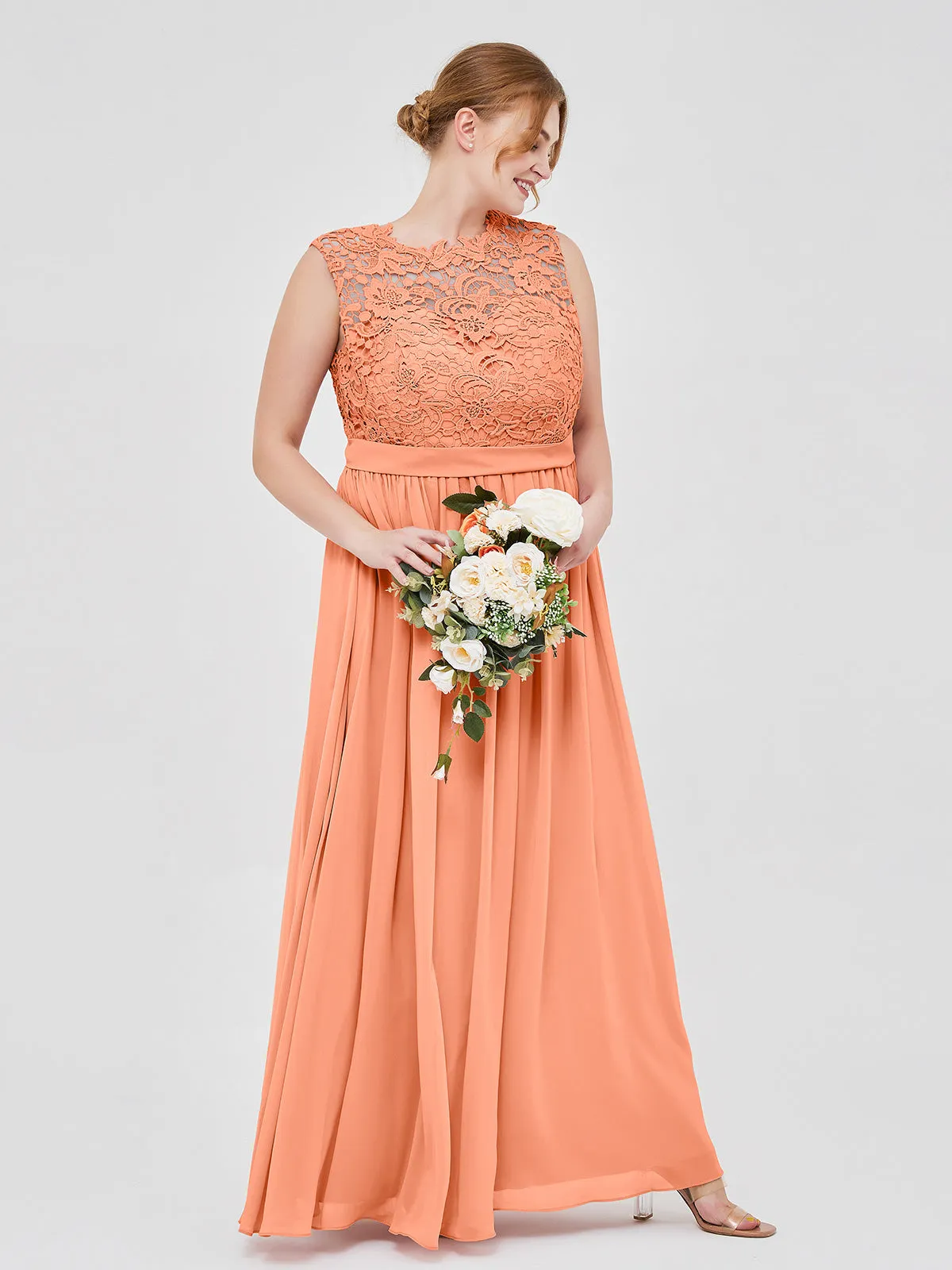 Illusion Neck Chiffon and Lace Dresses Papaya