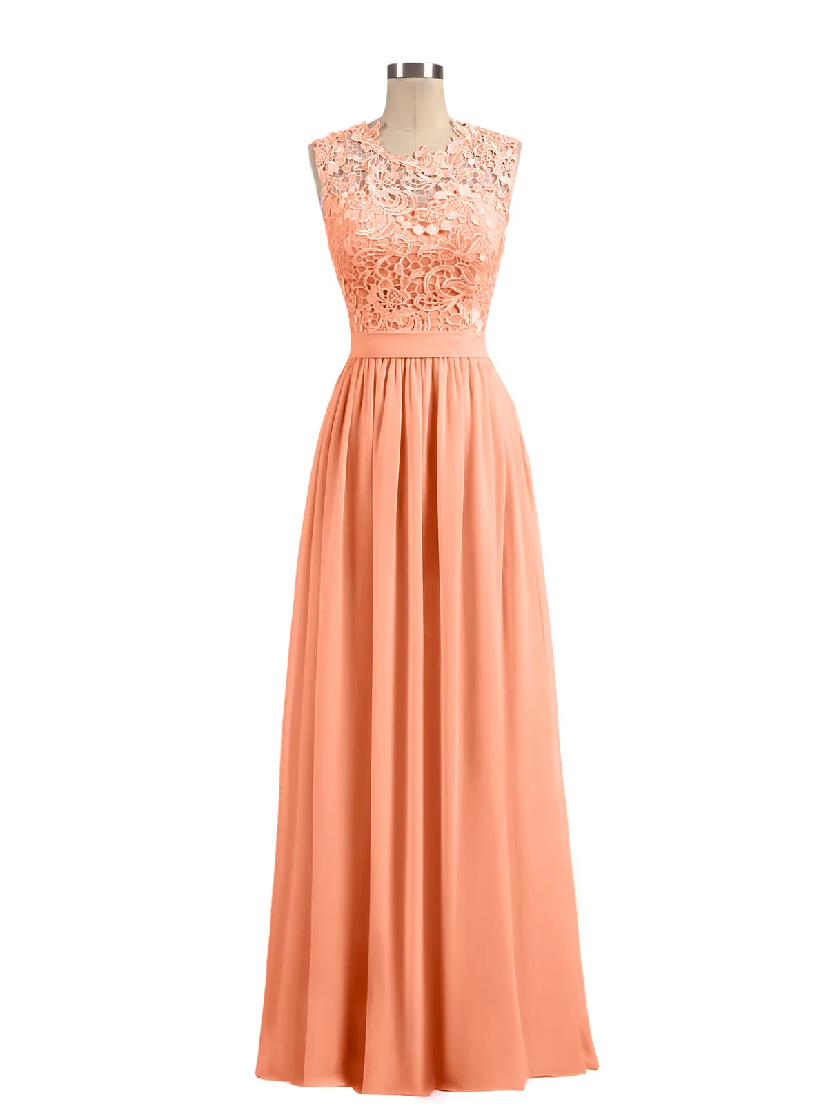 Illusion Neck Chiffon and Lace Dresses Papaya