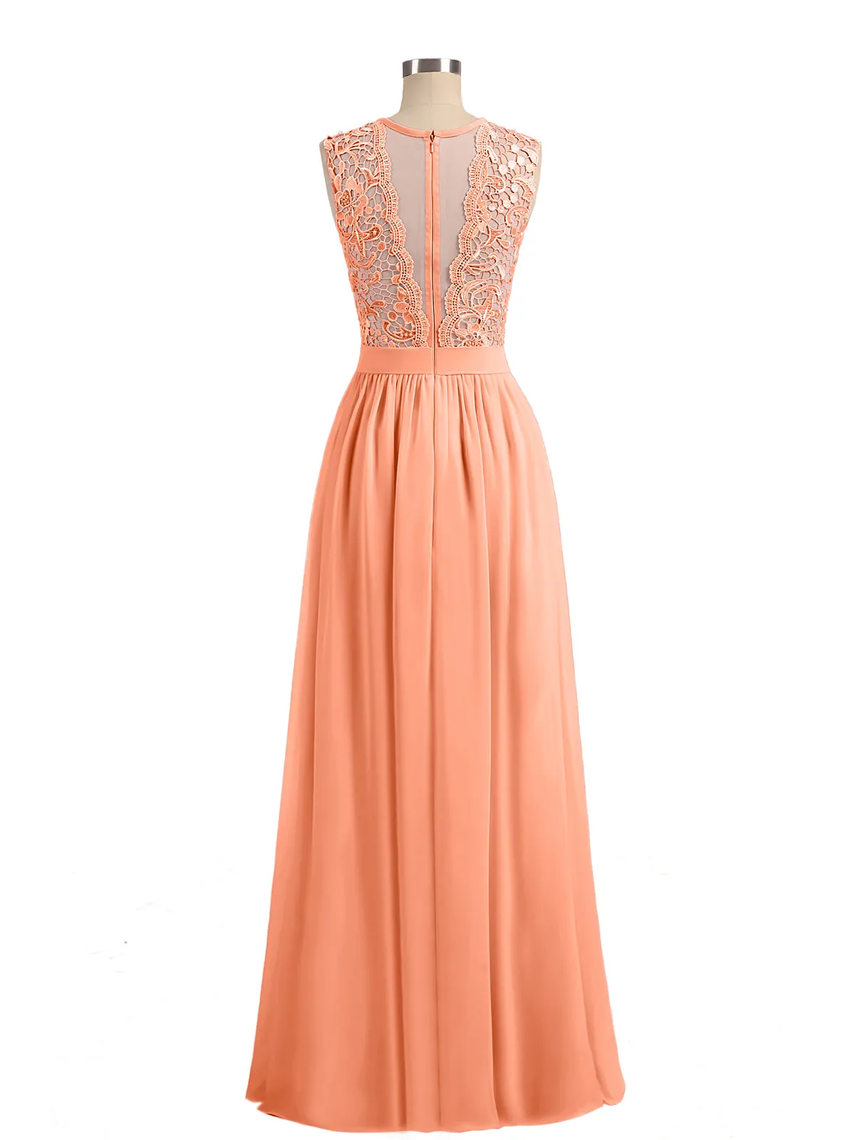 Illusion Neck Chiffon and Lace Dresses Papaya