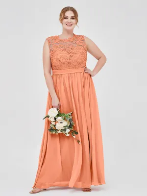 Illusion Neck Chiffon and Lace Dresses Papaya