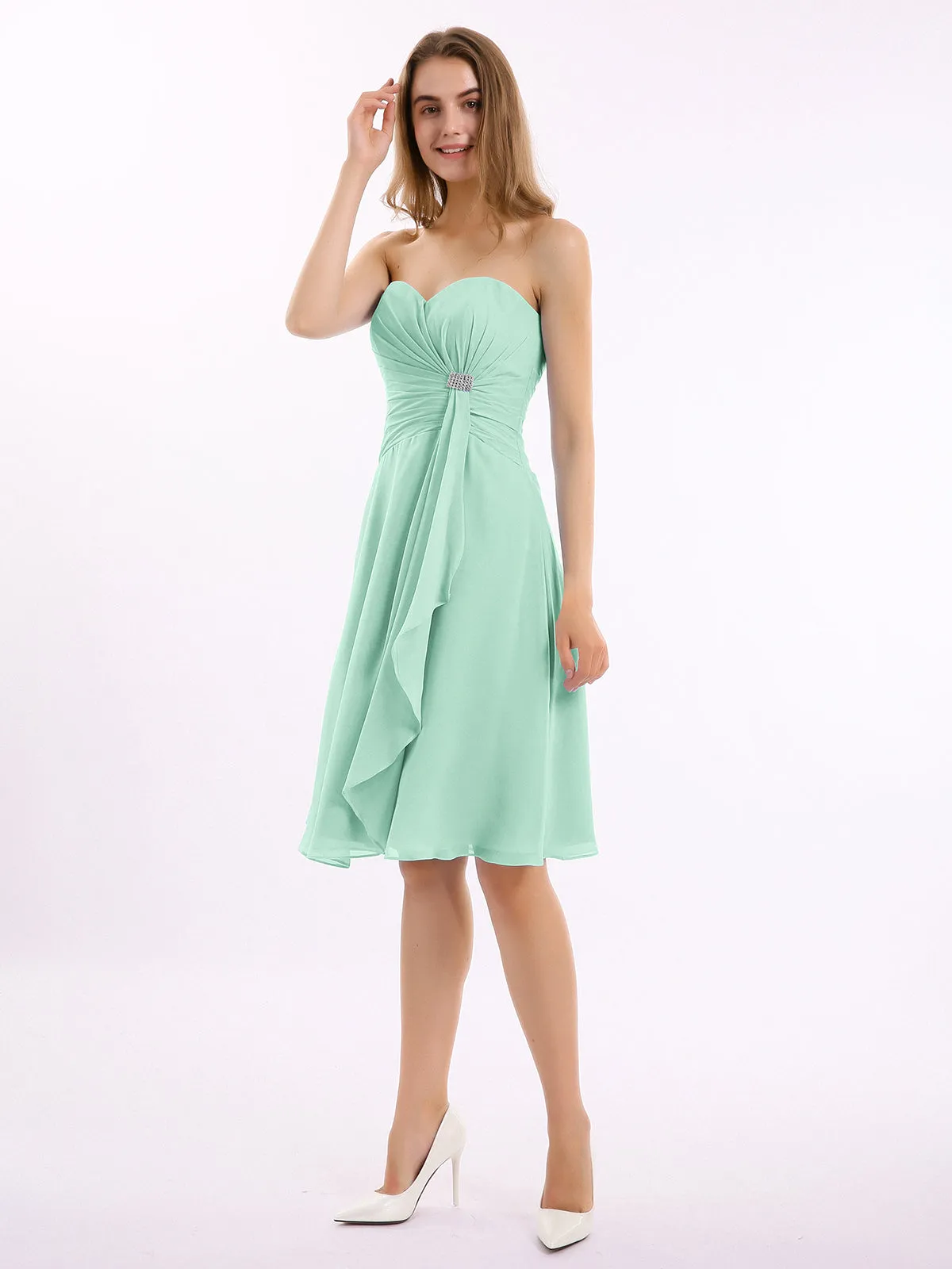 Knee Length Chiffon Dress with Sweetheart Neck-Mint Green