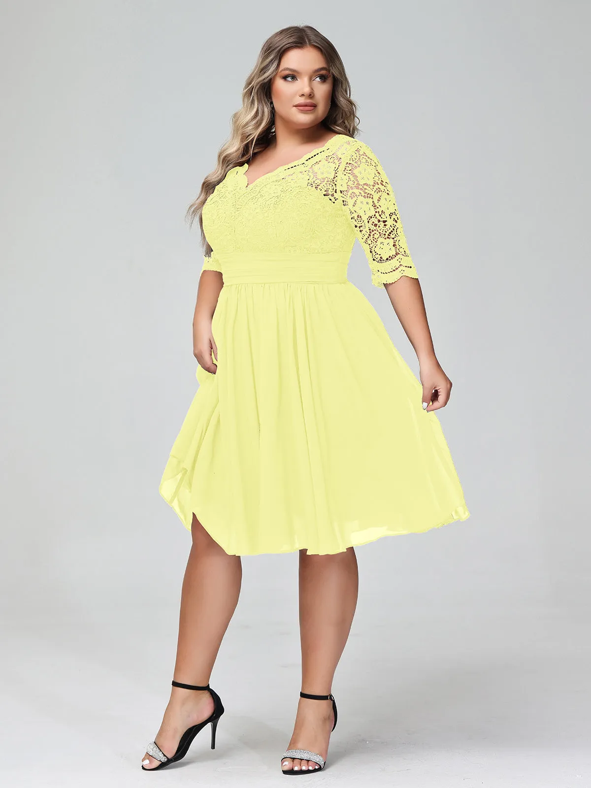 Lace and Chiffon Short Dress with Half Sleeves Daffodil