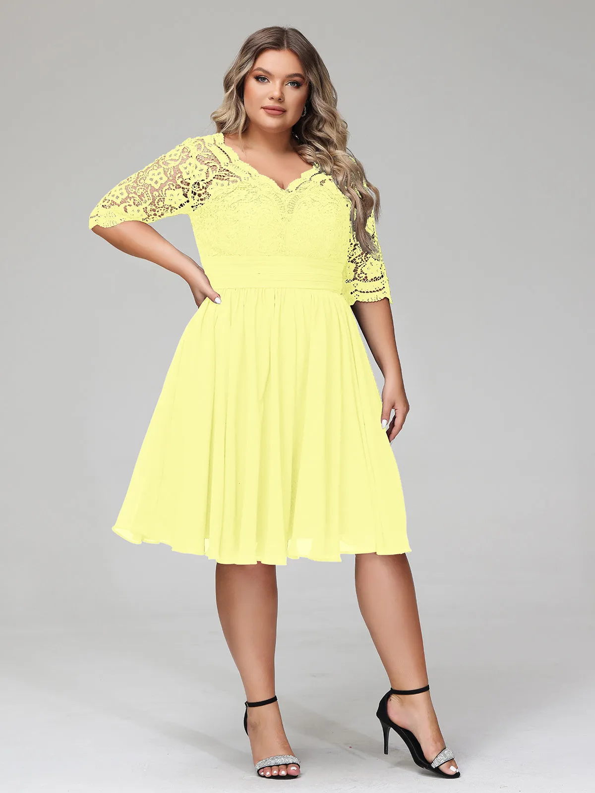 Lace and Chiffon Short Dress with Half Sleeves Daffodil