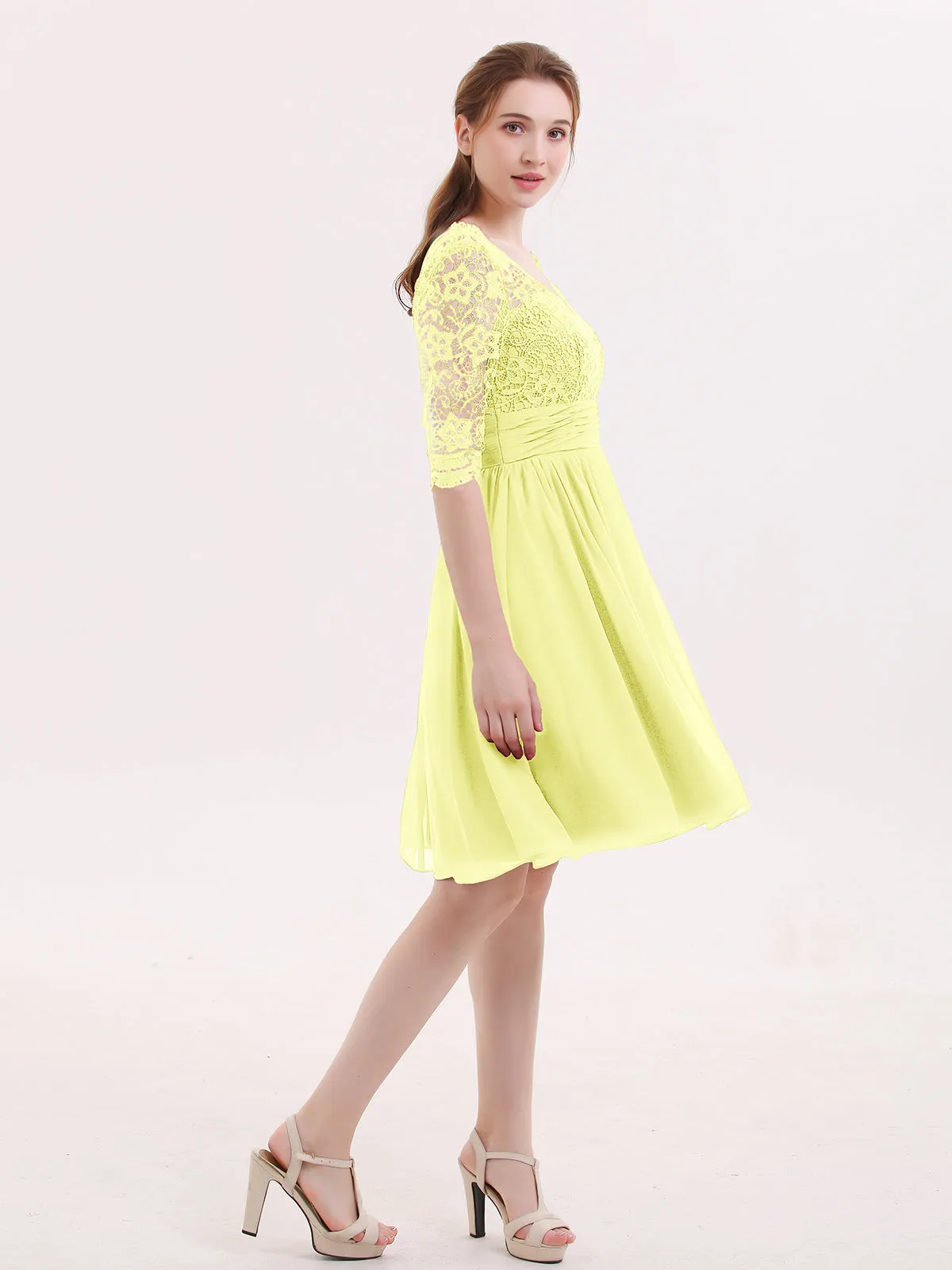 Lace and Chiffon Short Dress with Half Sleeves Daffodil