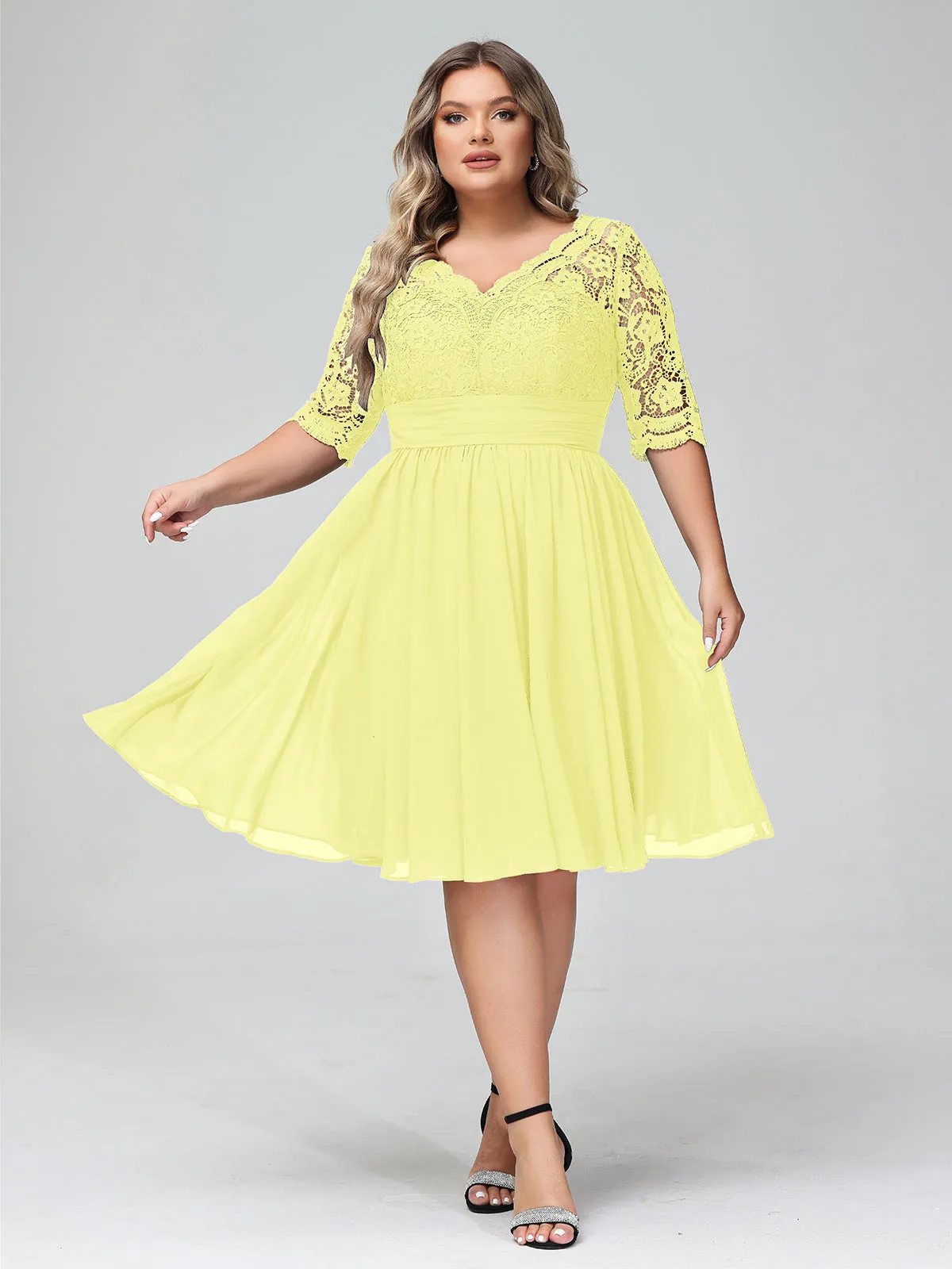 Lace and Chiffon Short Dress with Half Sleeves Daffodil