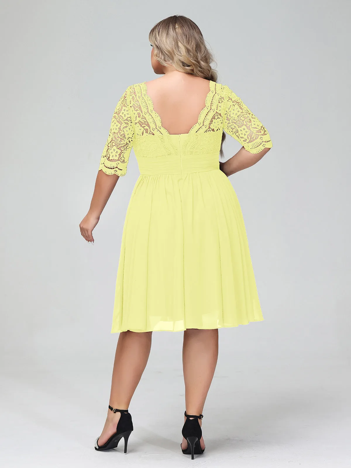 Lace and Chiffon Short Dress with Half Sleeves Daffodil