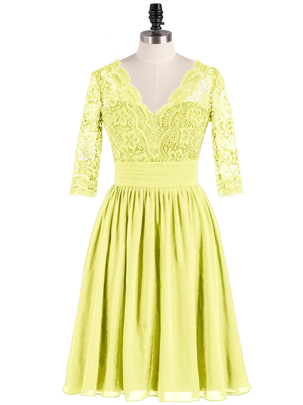 Lace and Chiffon Short Dress with Half Sleeves Daffodil