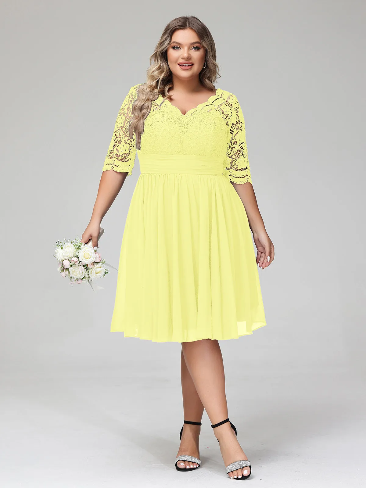 Lace and Chiffon Short Dress with Half Sleeves Daffodil