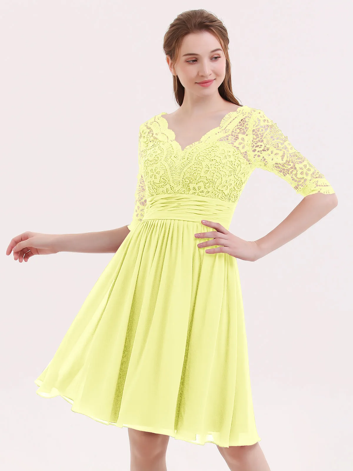 Lace and Chiffon Short Dress with Half Sleeves Daffodil